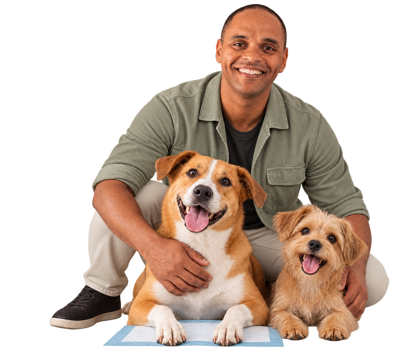 Dante com dois cães junto a um tapetinho